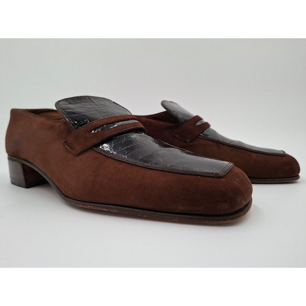 Mauri Mens Brown Suede Crocodile Embossed Leather Loafers Size 8 D Italy Vintage